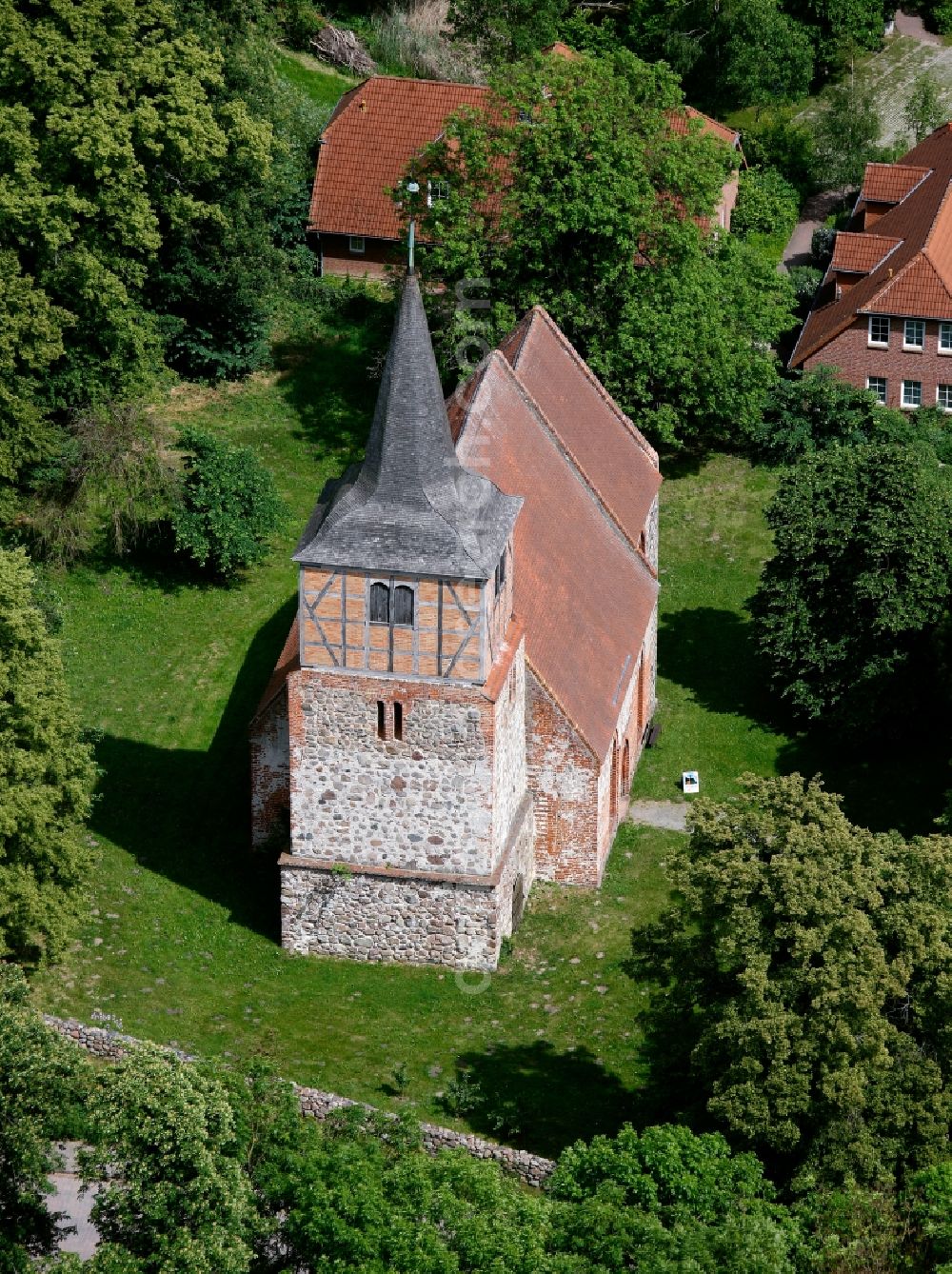 Sietow from above - View of the village church in Sietow (Dorf) in the state of Mecklenburg-Vorpommern. The village church dates from the second half of the 13th century