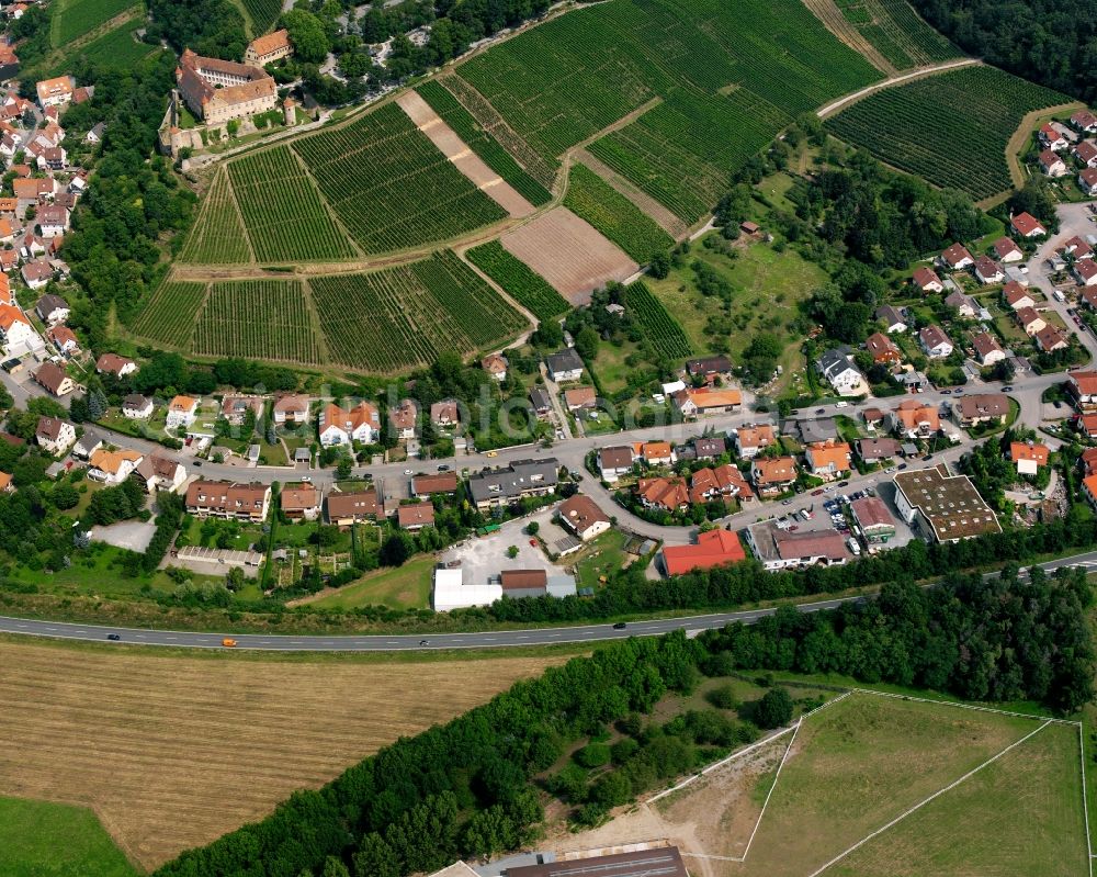 Oberheinriet from above - Village on the edge of vineyards and wineries in the wine-growing area in Oberheinriet in the state Baden-Wuerttemberg, Germany