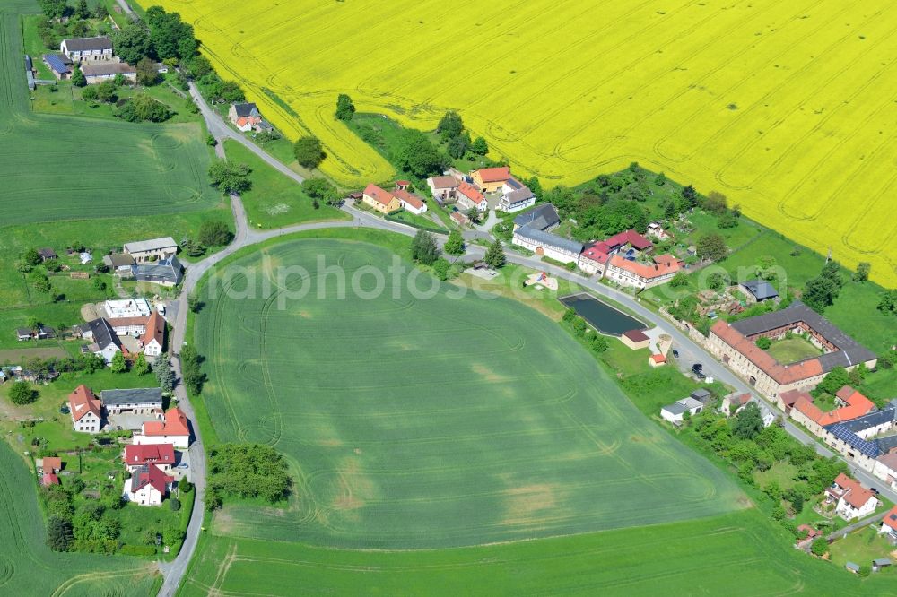 Aerial image Wüstenwetzdorf - There, standing in view of flowering rape field with the village Wüstenwetzdorf in Thuringia