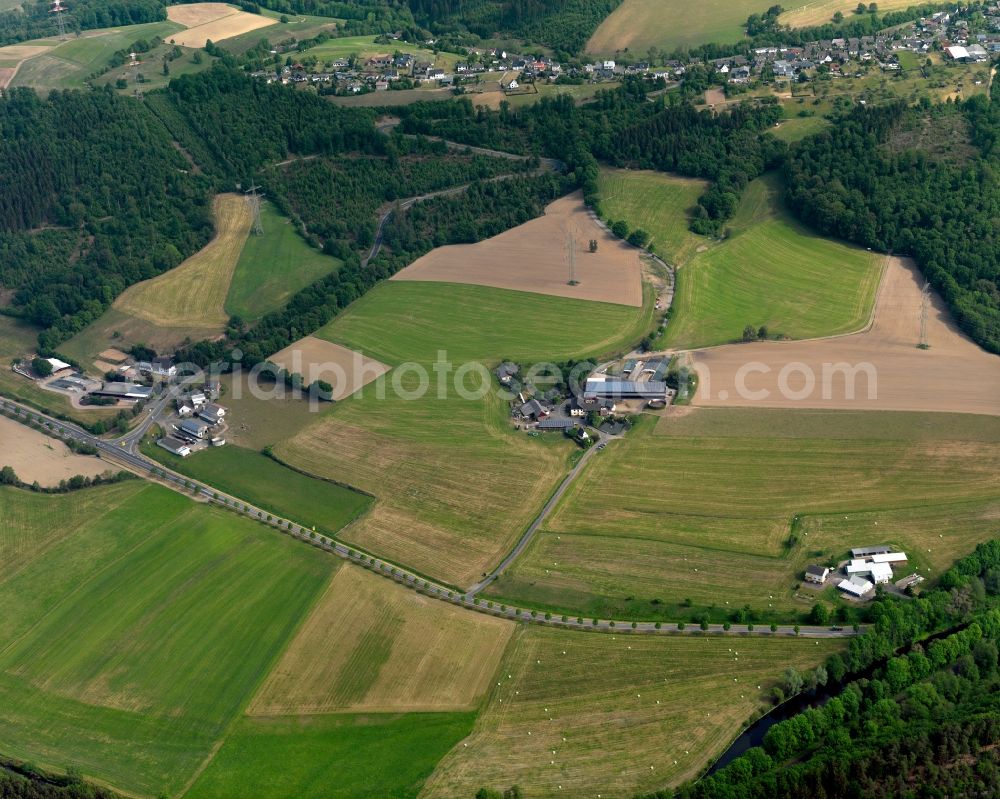 Hövels from the bird's eye view: Three agricultural estates on the river Sieg in Hoevels in the state of Rhineland-Palatinate. The three large farms are located on a small hill in a bend of the river Sieg. They belong to the municipiality of Hoevels which is located in the West