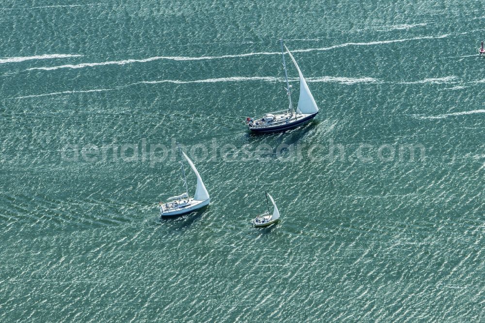 Rabel from the bird's eye view: Three sailboats on the Schlei at Arnis in the state of Schleswig-Holstein