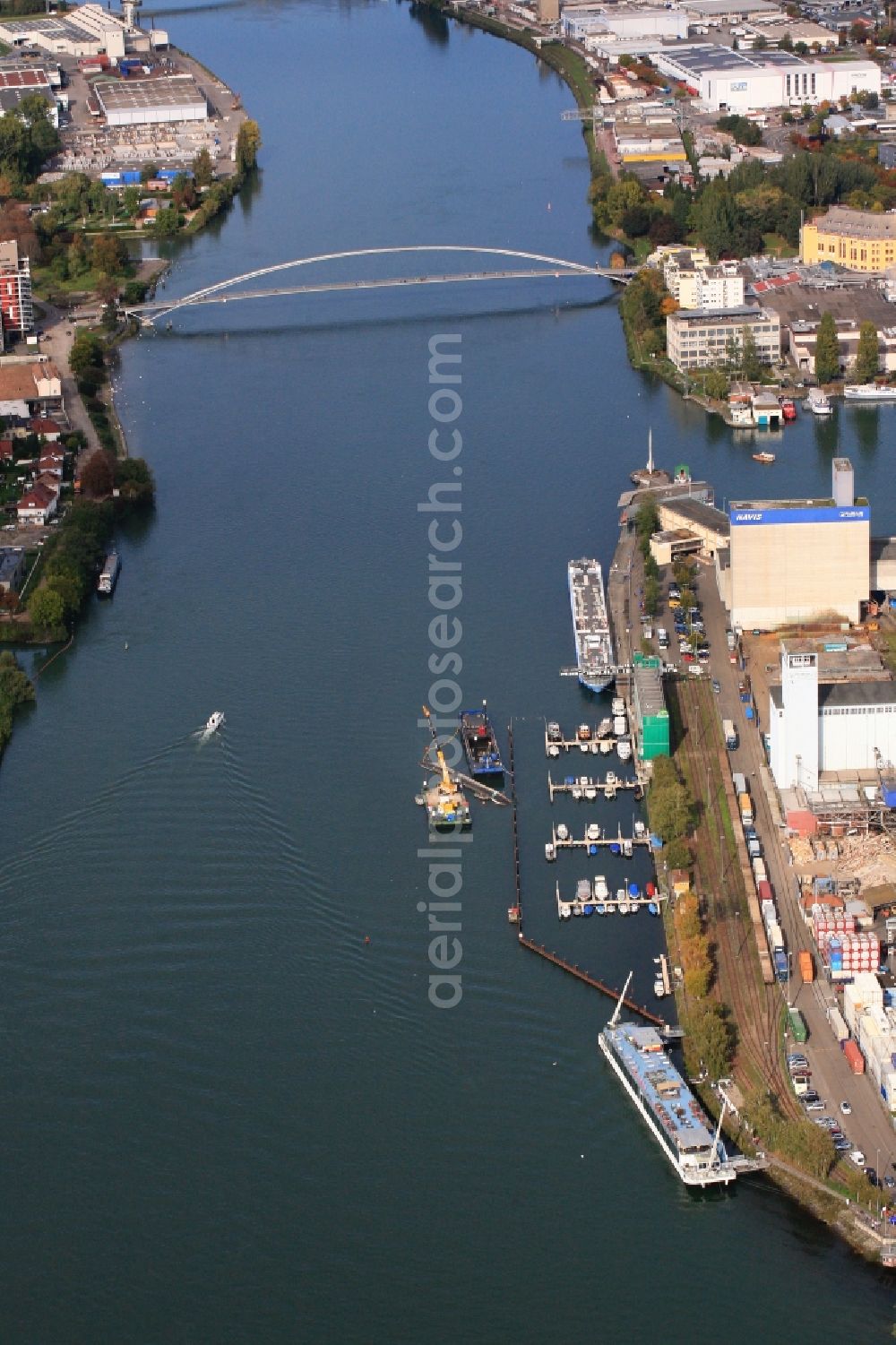 Aerial image Basel - At the triangle Germany France Switzerland in Basel, Switzerland, the dredger Merlin is recovered. On 04 August 2014, the ship capsized and has since been upturned and secured at the entrance to the Rhine harbor Kleinhueningen