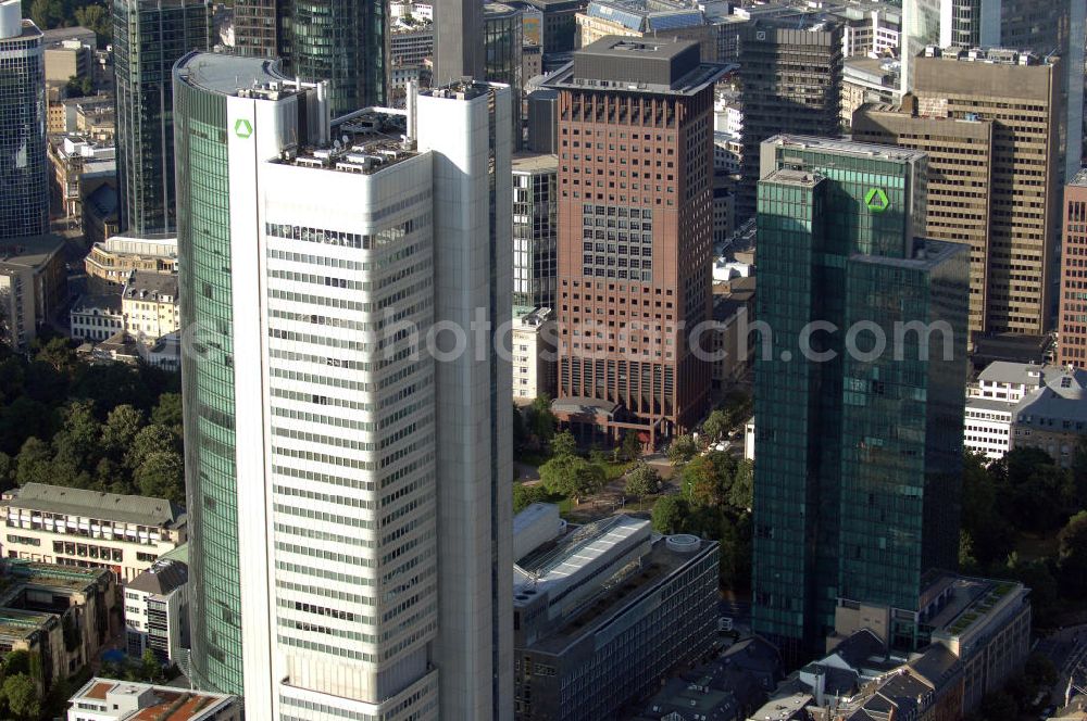 Aerial photograph Frankfurt am Main - Blick auf das Dresdner Bank Hochhaus (auch Silver Tower, Silberling, oder Jürgen-Ponto-Hochhaus genannt) und das Hochhaus Gallileo der Dresdner Bank AG, Pressekontakt: Jürgen-Ponto-Platz 1, 60301 Frankfurt, Tel. +49 69 263 55127, Fax +49 69 263 15839 E-Mail: presse@dresdner-bank.com