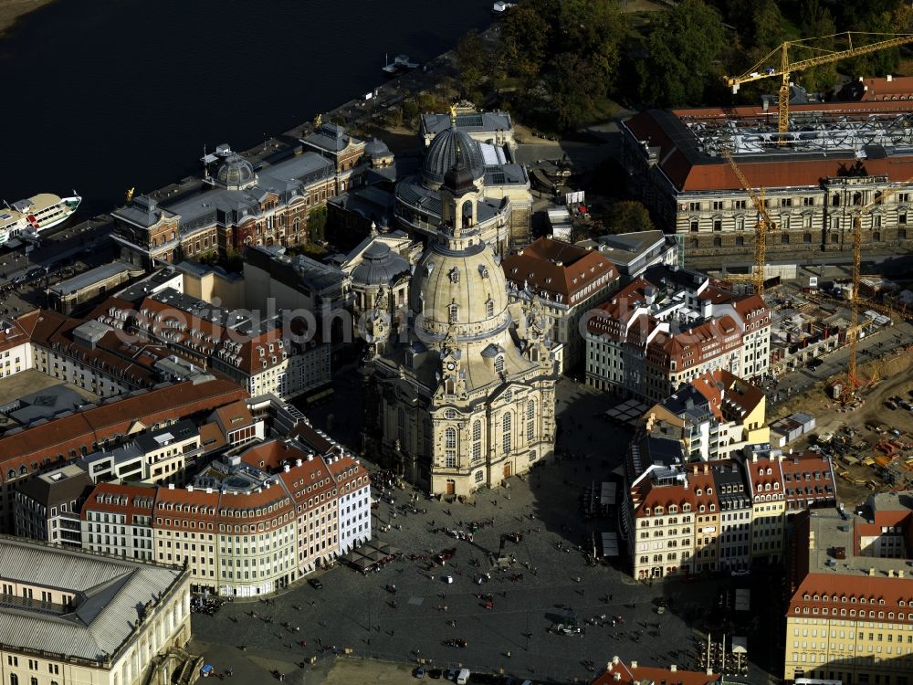 Dresden from above - View of the restored Frauenkirche in Dresden, the Evangelical-Lutheran Church of the Baroque and monumental building on the Neumarkt