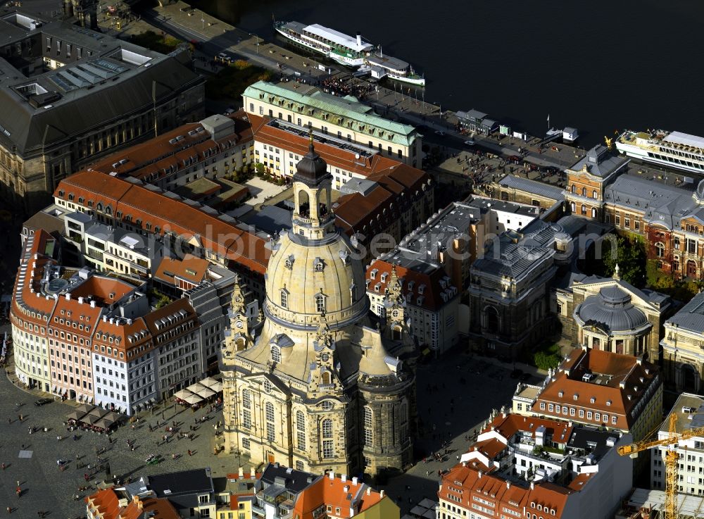 Dresden from above - View of the restored Frauenkirche in Dresden, the Evangelical-Lutheran Church of the Baroque and monumental building on the Neumarkt