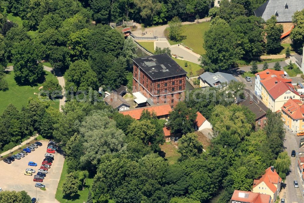 Sömmerda from above - The Dreyse-mill stands on the banks of the Unstrut in the center of Soemmerda in Thuringia. The mill has a 300 year history and is operated by the fifth generation. In the long time it served among other things as a fulling mill and oil, as a hammer mill and power generation