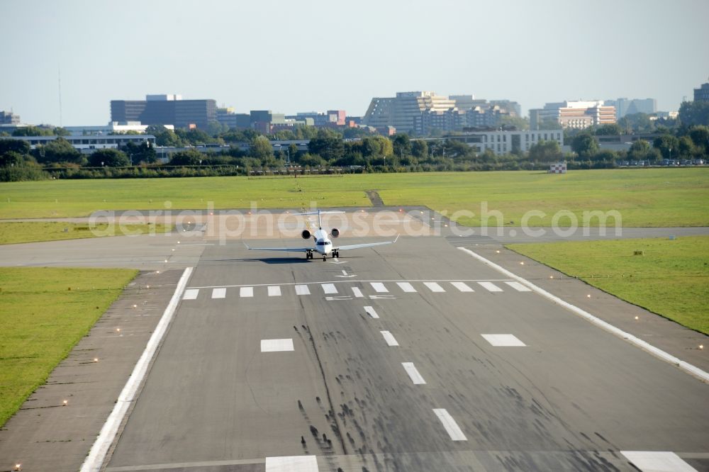 Hamburg from the bird's eye view: Jet aircraft on the runways of the airport Hamburg in the Fuhlsbuettel part of Hamburg in Hamburg, Germany