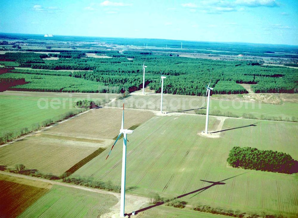 Aerial image Duben - Brandenburg - 31.03.2003 Duben - Brandenburg Windkraftpark Dubener Platte bei Duben in Brandenburg mit 19 Anlagen vom Typ MD 77. REpower Systems AG -Hauptverwaltung- Flughafenstrasse 54 D-22335 Hamburg