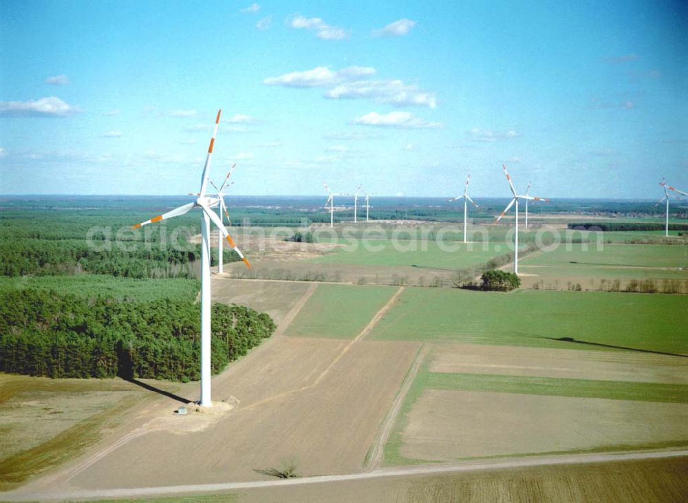 Aerial photograph Duben - Brandenburg - 31.03.2003 Duben - Brandenburg Windkraftpark Dubener Platte bei Duben in Brandenburg mit 19 Anlagen vom Typ MD 77. REpower Systems AG -Hauptverwaltung- Flughafenstrasse 54 D-22335 Hamburg