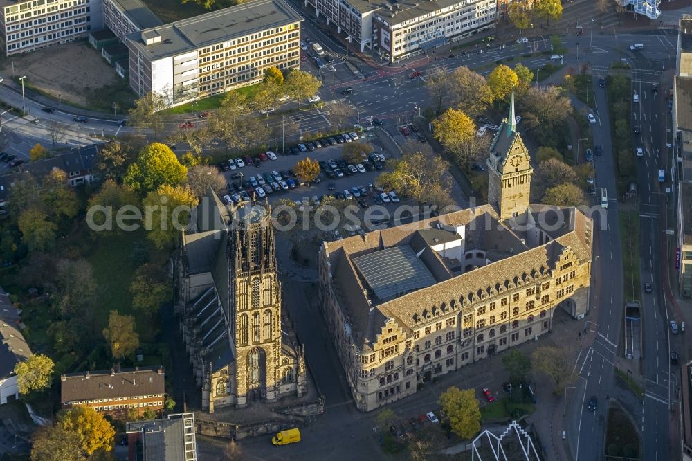 Duisburg from above - View of the Duisburg townhall and the Evangelical church Salvator Kirche at the Burgplatz square in the state North Rhine-Westphalia