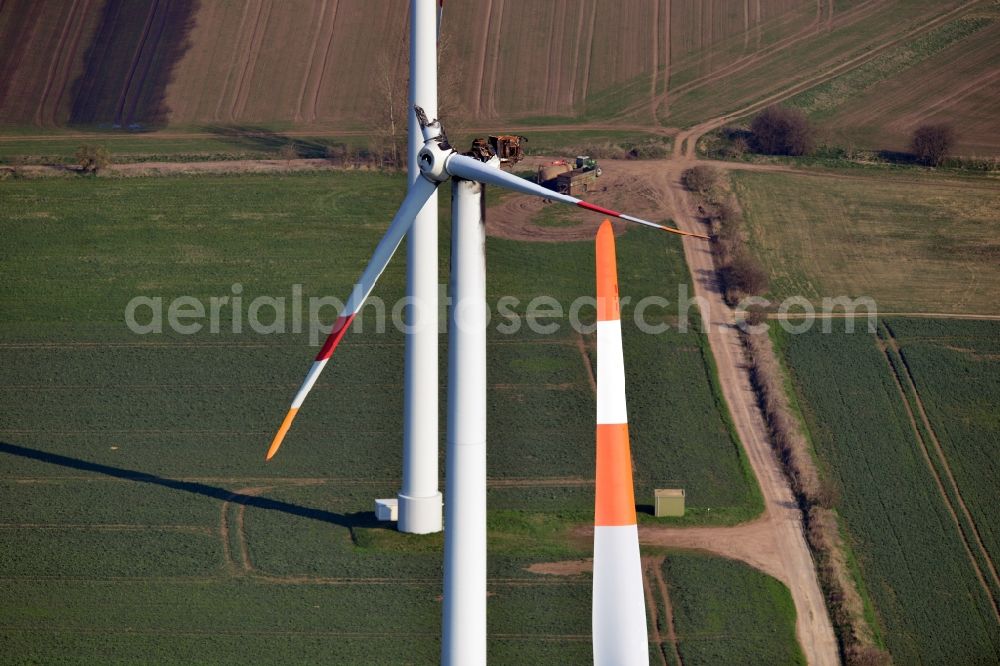 Wellen from above - Destroyed by fire damage wind turbine wind power plant near Wellen in Saxony-Anhalt