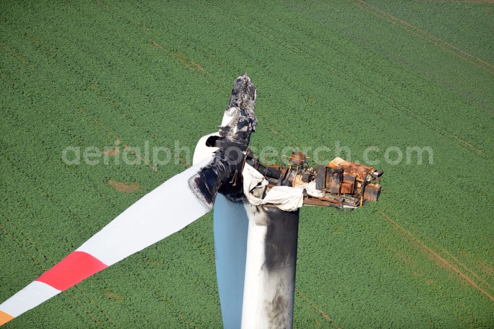 Wellen from the bird's eye view: Destroyed by fire damage wind turbine wind power plant near Wellen in Saxony-Anhalt