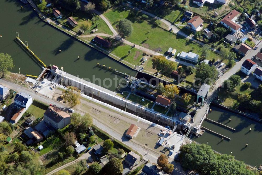 Aerial photograph Wernsdorf - Blick auf die modernisierte Wernsdorfer Schleuse. Die Schleuse ist eine von 4 Schleusen des Oder-Spree-Kanals. Bauherr: Wasser- und Schifffahrtsamt Berlin, Mehringdamm 129, 10965 Berlin, Tel. 030 / 69532 - 0, Fax: 030 / 69532 - 201, e-mail-Adresse: poststelle@wsa-b.wsv.de, Achim Walder-Adresse: