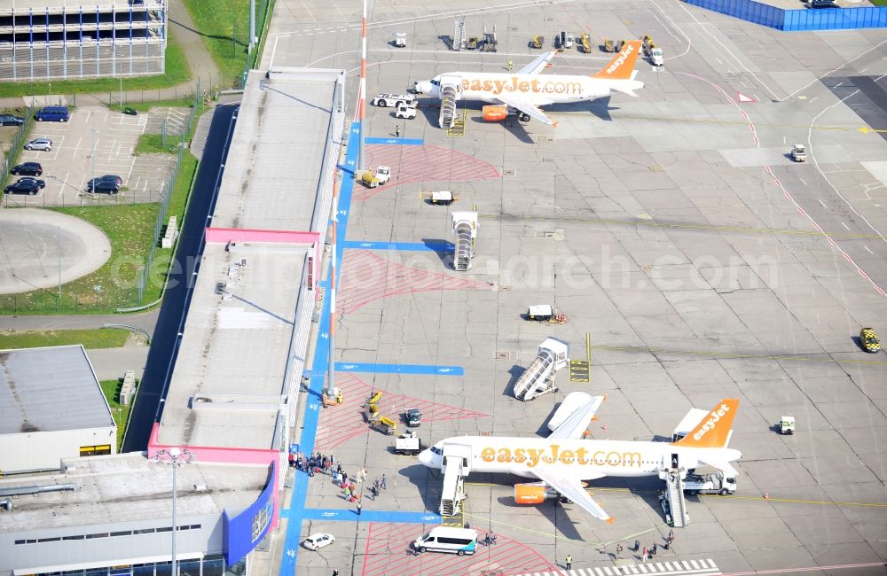 Aerial image Schönefeld - Parking Easy Jet - Airbus - Aircraft passenger terminal at the Airport Berlin - Schönefeld