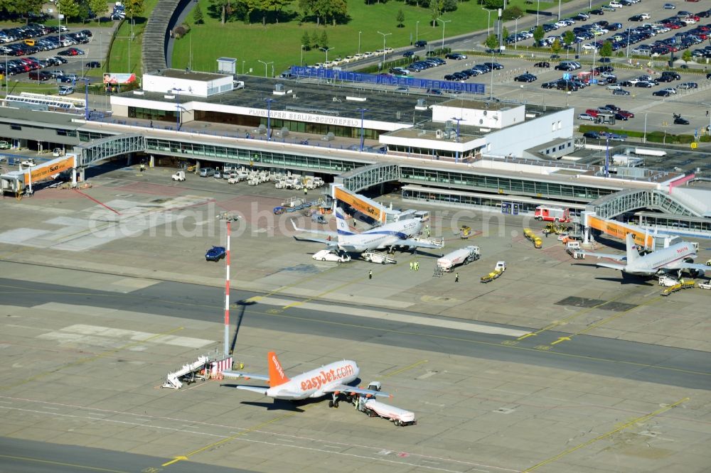 Aerial image Schönefeld - Parking Easy Jet - Airbus - Aircraft passenger terminal at the Airport Berlin - Schönefeld