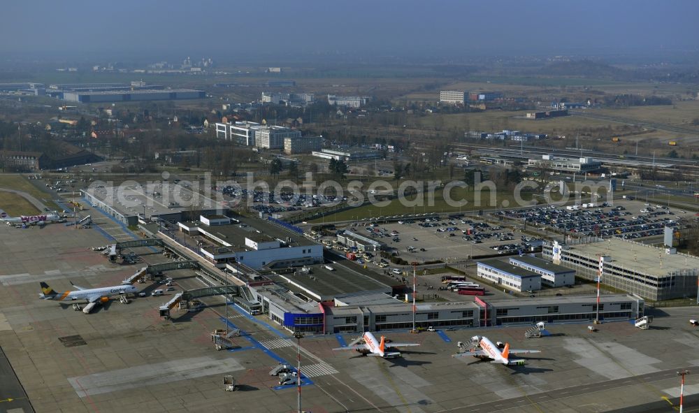 Schönefeld from above - Parking Easy Jet - Airbus - Aircraft passenger terminal at the Airport Berlin - Schönefeld