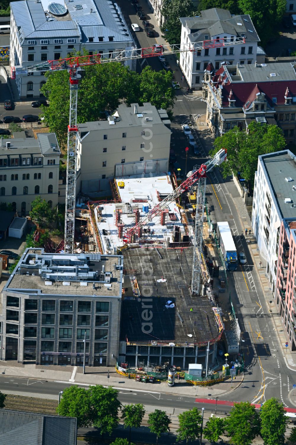 Aerial photograph Leipzig - Construction site for the new residential and commercial Corner house - building Johannisplatz on street Talstrasse in the district Zentrum-Suedost in Leipzig in the state Saxony, Germany