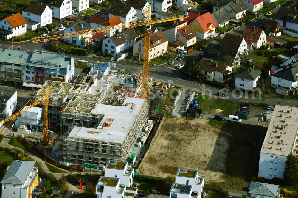 Heusenstamm from above - Construction site for the new residential and commercial Corner house - building on Leibnitzstrasse in Heusenstamm in the state Hesse, Germany