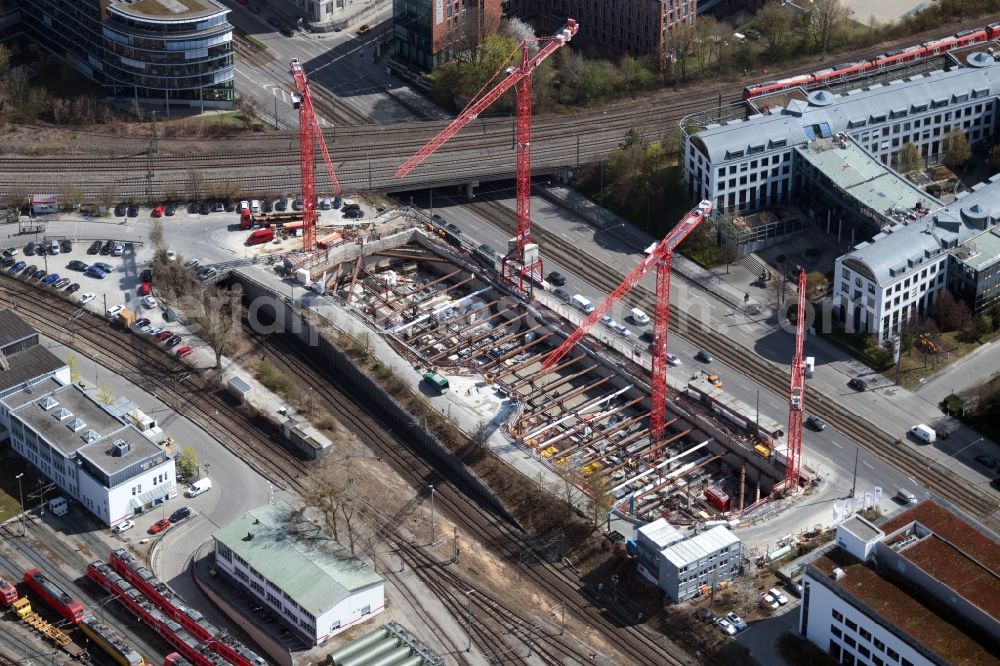 Aerial photograph München - Construction site for the new residential and commercial Corner house - building on Landsberger Strasse corner Bahnstrasse in the district Laim in Munich in the state Bavaria, Germany