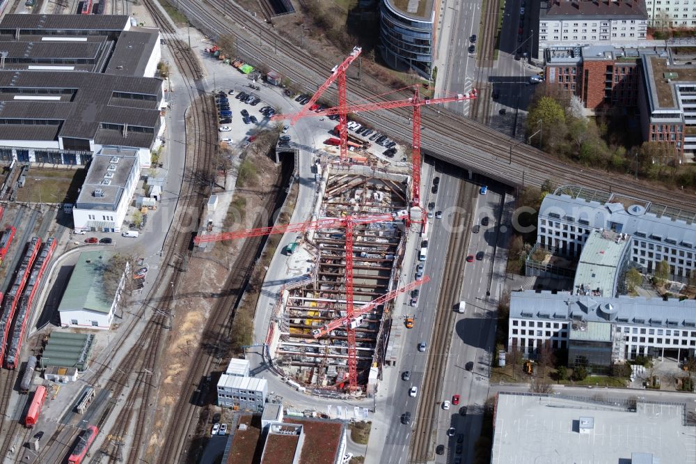 Aerial image München - Construction site for the new residential and commercial Corner house - building on Landsberger Strasse corner Bahnstrasse in the district Laim in Munich in the state Bavaria, Germany