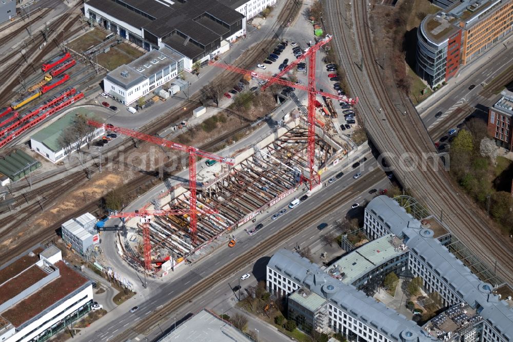 Aerial photograph München - Construction site for the new residential and commercial Corner house - building on Landsberger Strasse corner Bahnstrasse in the district Laim in Munich in the state Bavaria, Germany