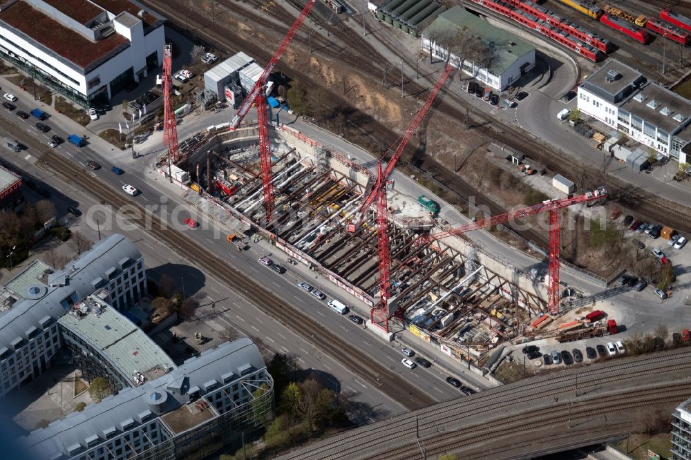 München from above - Construction site for the new residential and commercial Corner house - building on Landsberger Strasse corner Bahnstrasse in the district Laim in Munich in the state Bavaria, Germany