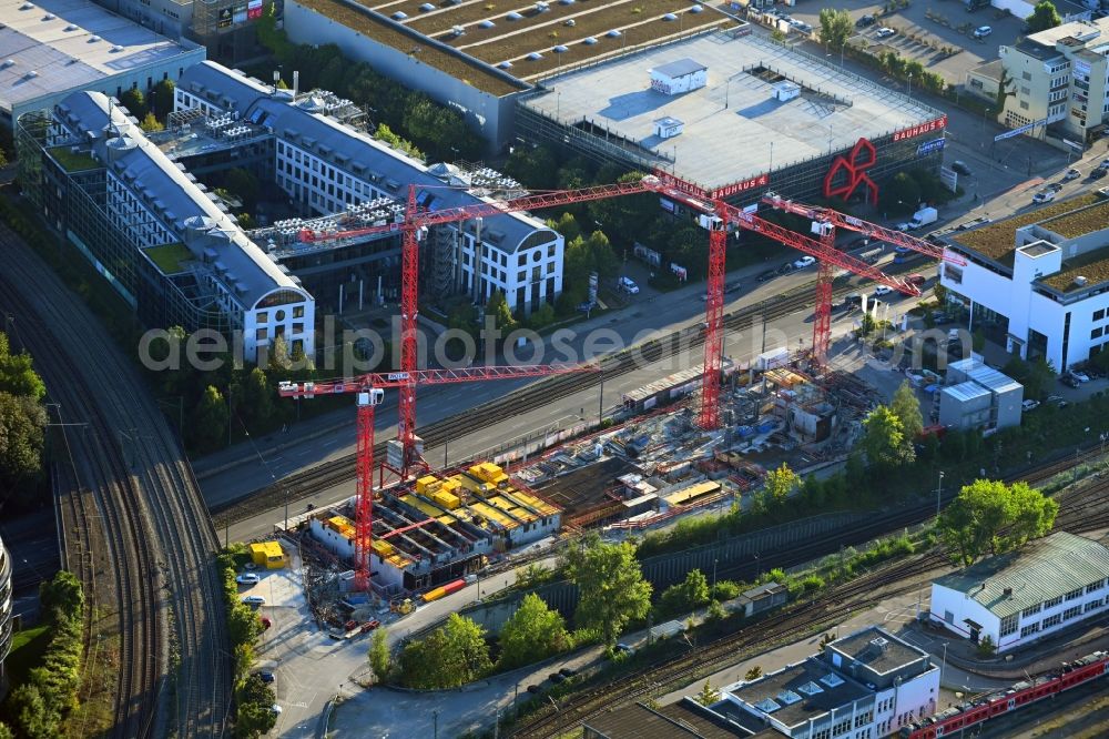 Aerial photograph München - Construction site for the new residential and commercial Corner house - building on Landsberger Strasse corner Bahnstrasse in the district Laim in Munich in the state Bavaria, Germany