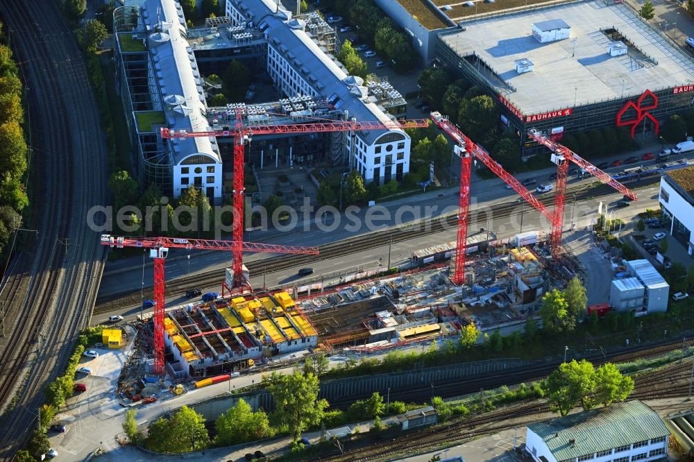 München from the bird's eye view: Construction site for the new residential and commercial Corner house - building on Landsberger Strasse corner Bahnstrasse in the district Laim in Munich in the state Bavaria, Germany