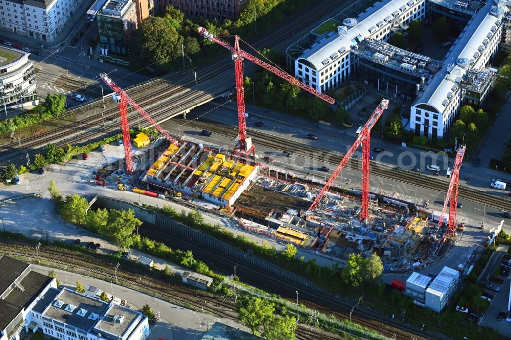 Aerial image München - Construction site for the new residential and commercial Corner house - building on Landsberger Strasse corner Bahnstrasse in the district Laim in Munich in the state Bavaria, Germany