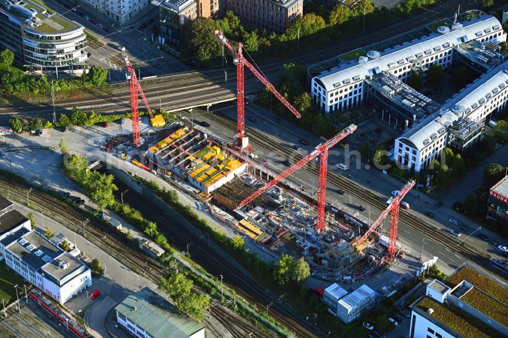 Aerial photograph München - Construction site for the new residential and commercial Corner house - building on Landsberger Strasse corner Bahnstrasse in the district Laim in Munich in the state Bavaria, Germany