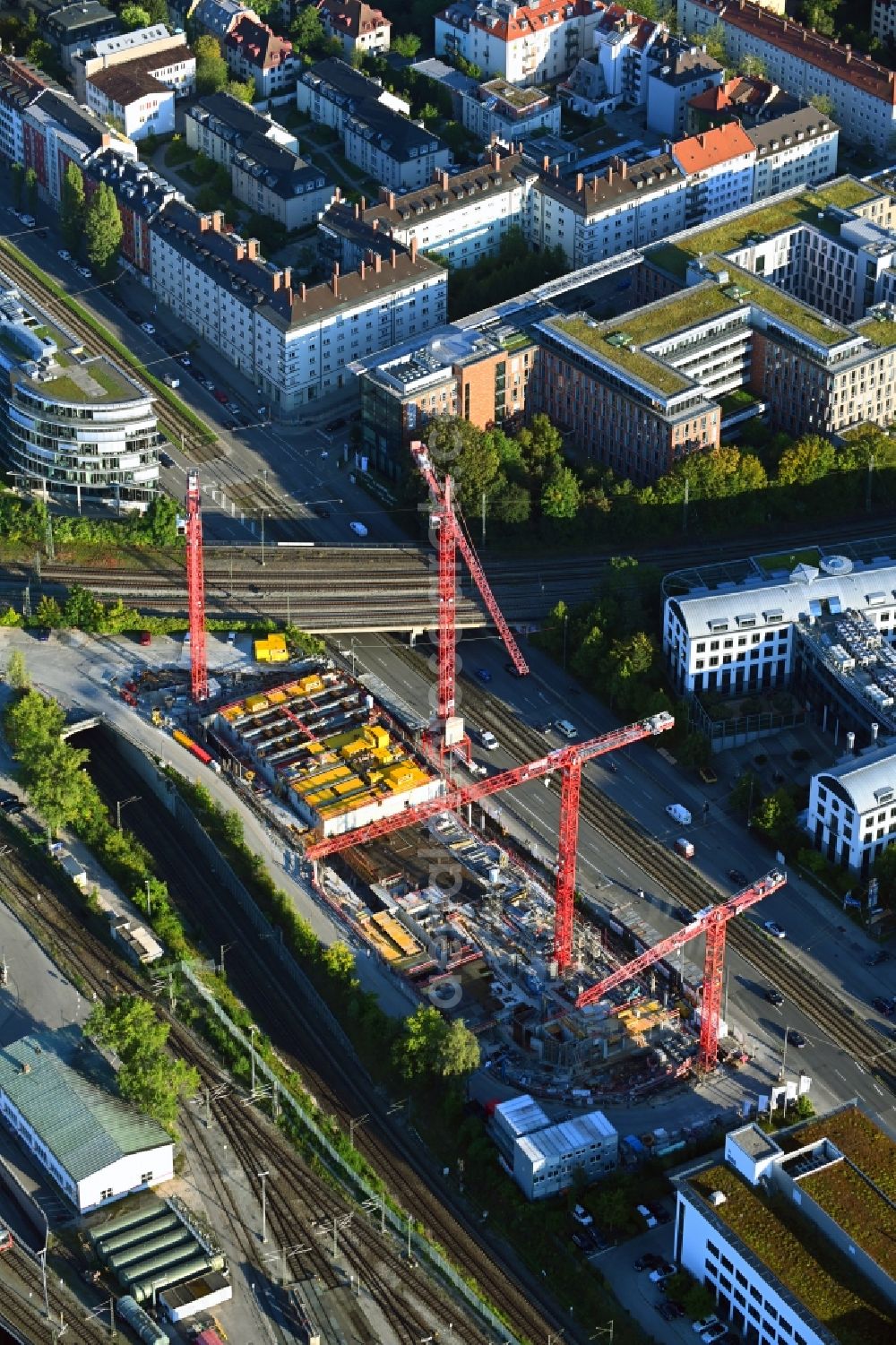 München from above - Construction site for the new residential and commercial Corner house - building on Landsberger Strasse corner Bahnstrasse in the district Laim in Munich in the state Bavaria, Germany