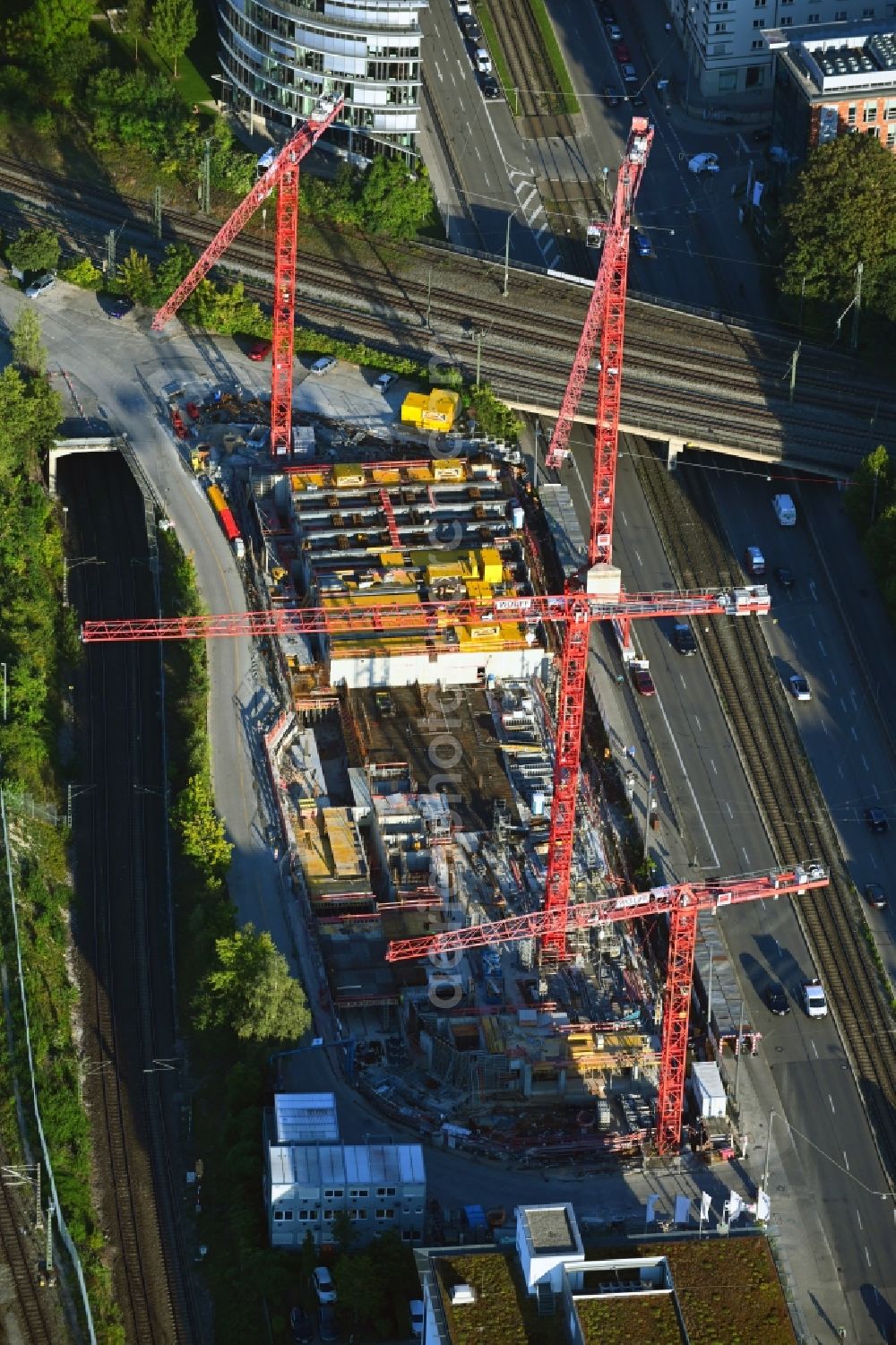 München from the bird's eye view: Construction site for the new residential and commercial Corner house - building on Landsberger Strasse corner Bahnstrasse in the district Laim in Munich in the state Bavaria, Germany