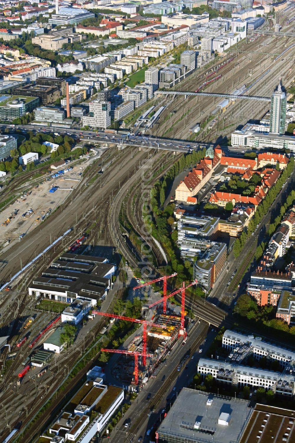 Aerial photograph München - Construction site for the new residential and commercial Corner house - building on Landsberger Strasse corner Bahnstrasse in the district Laim in Munich in the state Bavaria, Germany