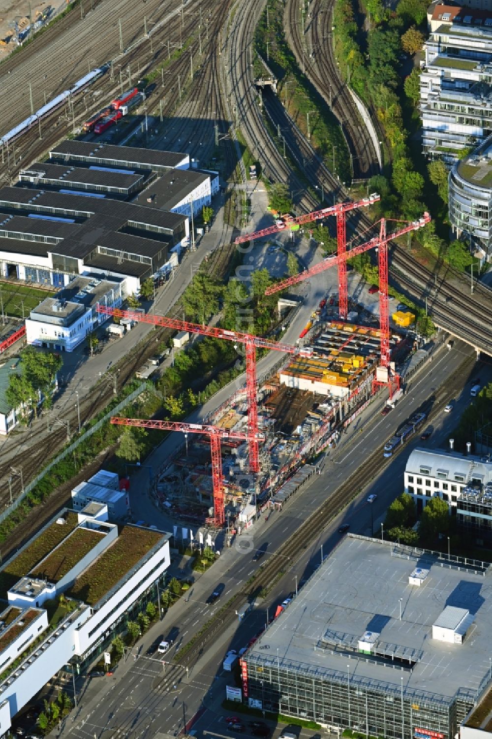 München from above - Construction site for the new residential and commercial Corner house - building on Landsberger Strasse corner Bahnstrasse in the district Laim in Munich in the state Bavaria, Germany