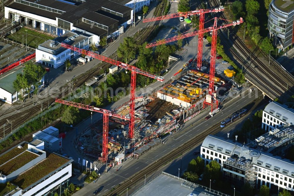 München from the bird's eye view: Construction site for the new residential and commercial Corner house - building on Landsberger Strasse corner Bahnstrasse in the district Laim in Munich in the state Bavaria, Germany