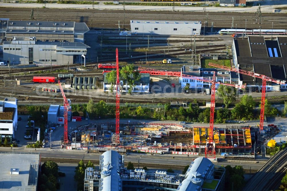 Aerial image München - Construction site for the new residential and commercial Corner house - building on Landsberger Strasse corner Bahnstrasse in the district Laim in Munich in the state Bavaria, Germany