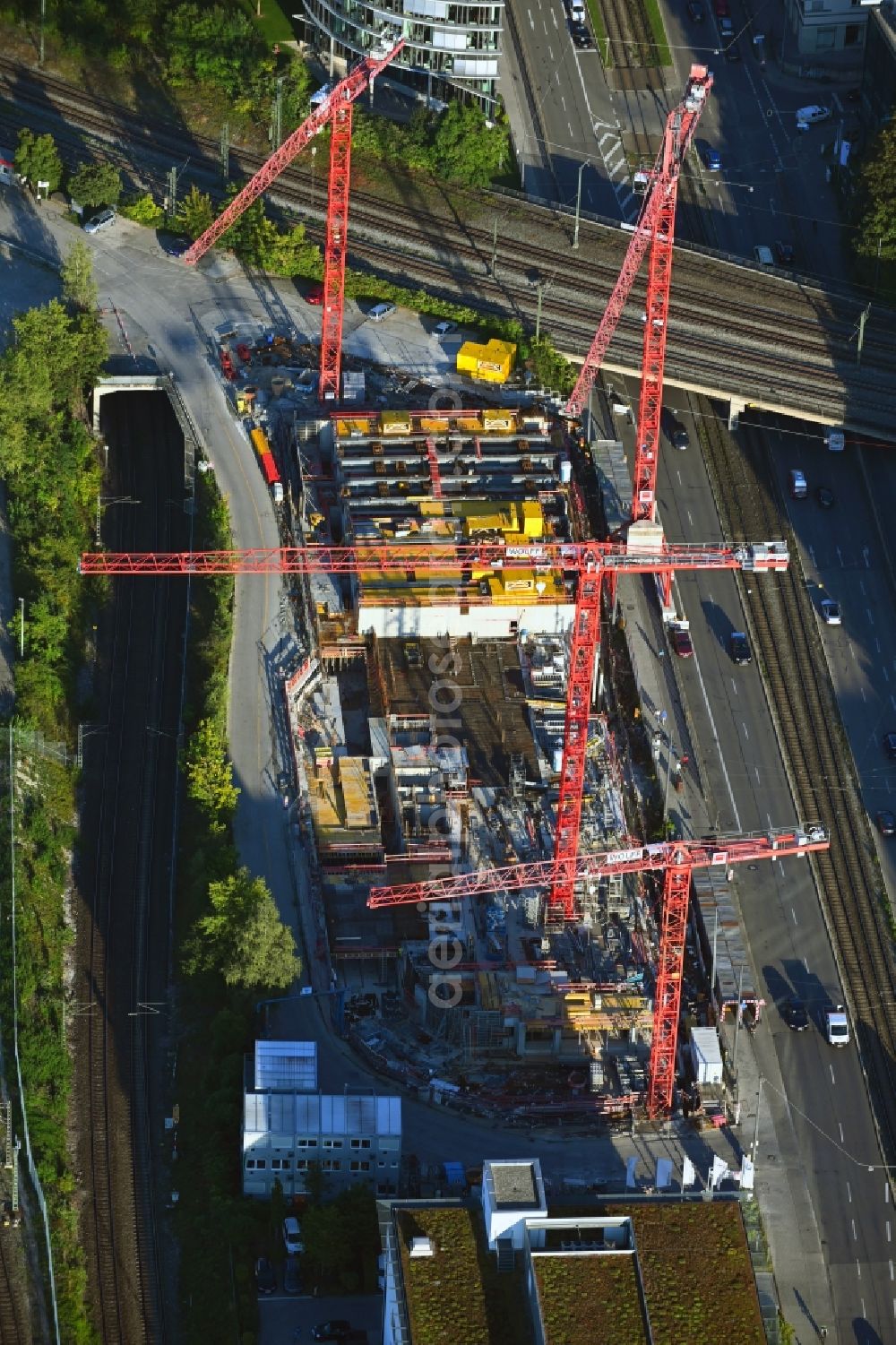 München from above - Construction site for the new residential and commercial Corner house - building on Landsberger Strasse corner Bahnstrasse in the district Laim in Munich in the state Bavaria, Germany