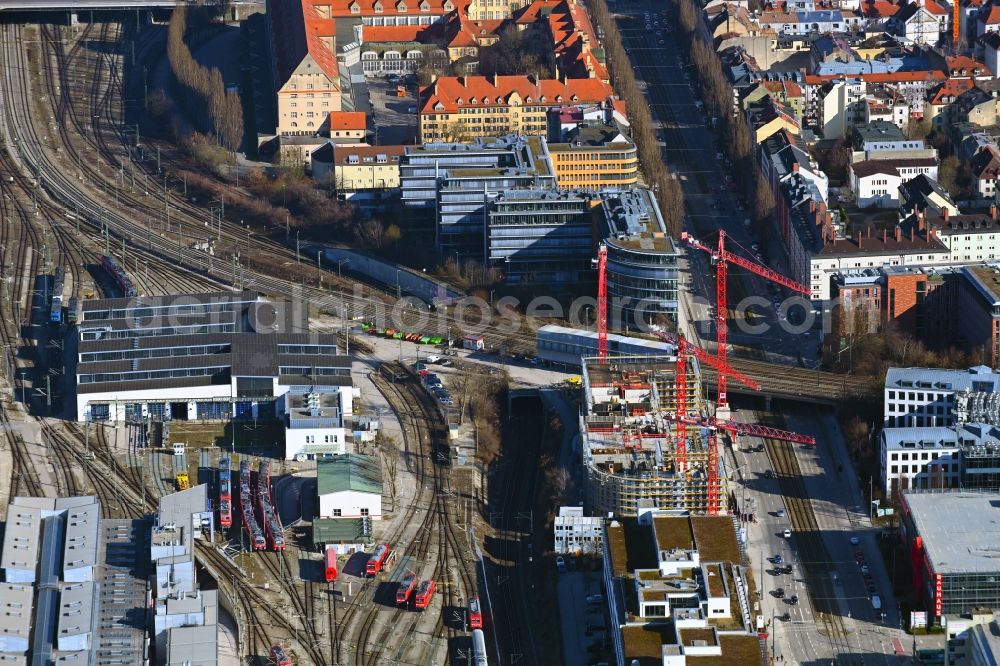 Aerial image München - Construction site for the new residential and commercial Corner house - building on Landsberger Strasse corner Bahnstrasse in the district Laim in Munich in the state Bavaria, Germany