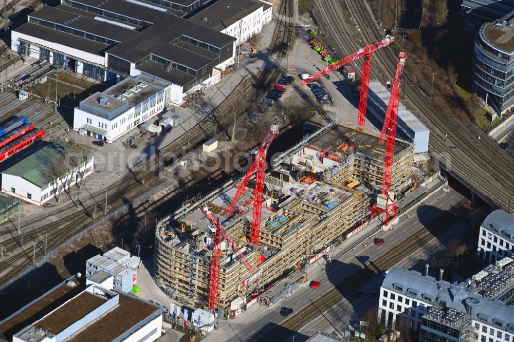 München from above - Construction site for the new residential and commercial Corner house - building on Landsberger Strasse corner Bahnstrasse in the district Laim in Munich in the state Bavaria, Germany