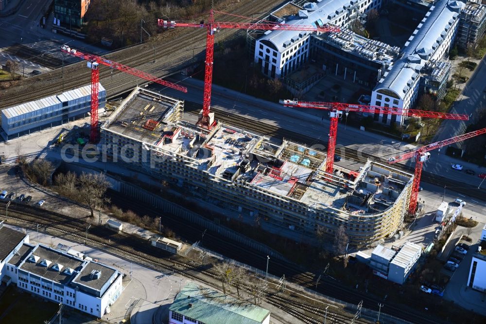 München from above - Construction site for the new residential and commercial Corner house - building on Landsberger Strasse corner Bahnstrasse in the district Laim in Munich in the state Bavaria, Germany