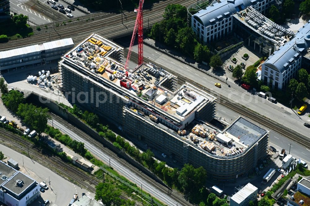 München from above - Construction site for the new residential and commercial Corner house - building on Landsberger Strasse corner Bahnstrasse in the district Laim in Munich in the state Bavaria, Germany