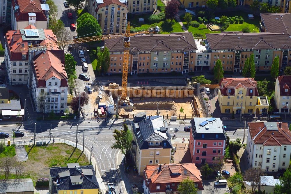 Aerial photograph Dresden - Construction site for the new residential and commercial Corner house - building Schandauer Strasse corner Ludwig-Hartmann-Strasse in the district Blasewitz in Dresden in the state Saxony, Germany