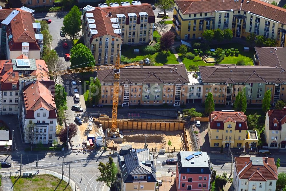 Dresden from above - Construction site for the new residential and commercial Corner house - building Schandauer Strasse corner Ludwig-Hartmann-Strasse in the district Blasewitz in Dresden in the state Saxony, Germany