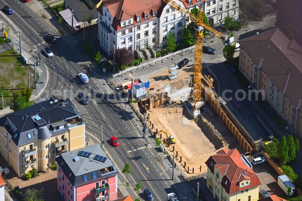 Aerial image Dresden - Construction site for the new residential and commercial Corner house - building Schandauer Strasse corner Ludwig-Hartmann-Strasse in the district Blasewitz in Dresden in the state Saxony, Germany