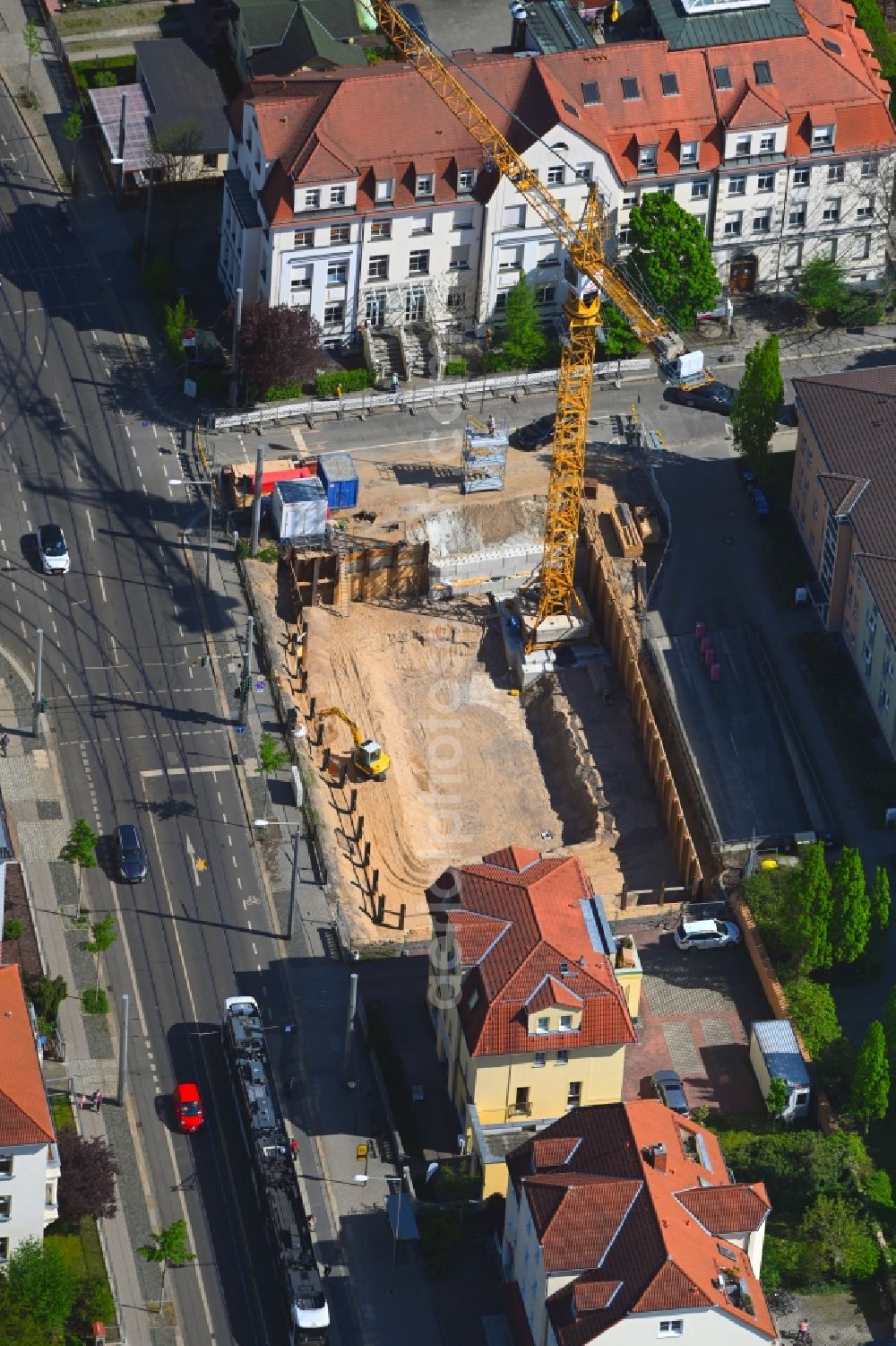 Aerial photograph Dresden - Construction site for the new residential and commercial Corner house - building Schandauer Strasse corner Ludwig-Hartmann-Strasse in the district Blasewitz in Dresden in the state Saxony, Germany