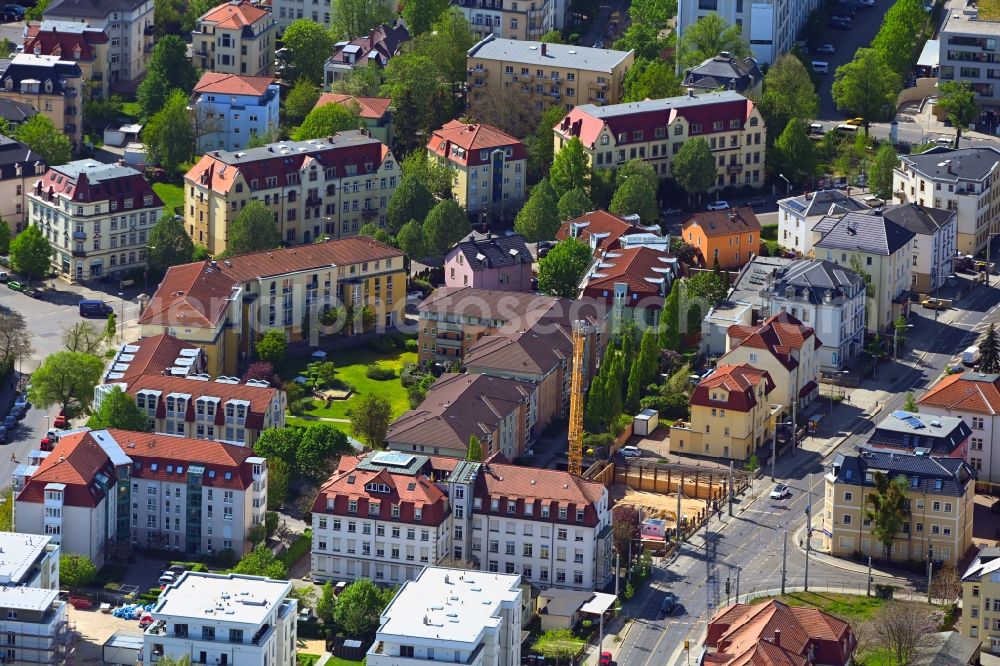 Dresden from the bird's eye view: Construction site for the new residential and commercial Corner house - building Schandauer Strasse corner Ludwig-Hartmann-Strasse in the district Blasewitz in Dresden in the state Saxony, Germany