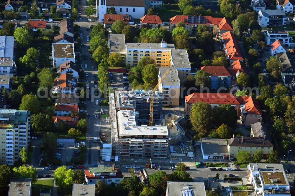 Aerial image München - Construction site for the new residential and commercial Corner house - building Wiesenfelser Strasse corner Limestrasse in the district Aubing-Lochhausen-Langwied in Munich in the state Bavaria, Germany