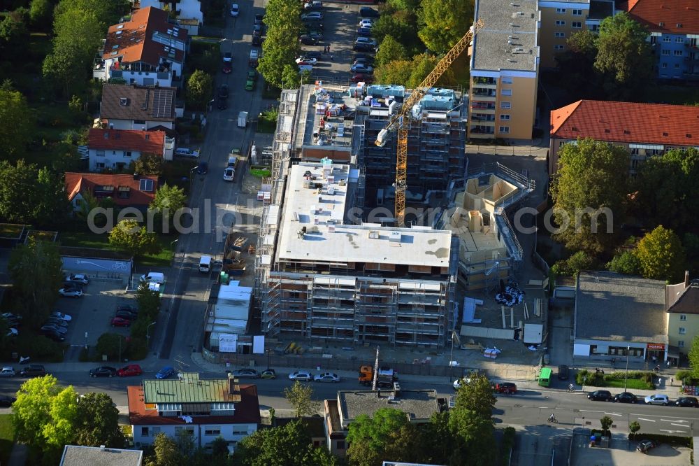 Aerial photograph München - Construction site for the new residential and commercial Corner house - building Wiesenfelser Strasse corner Limestrasse in the district Aubing-Lochhausen-Langwied in Munich in the state Bavaria, Germany