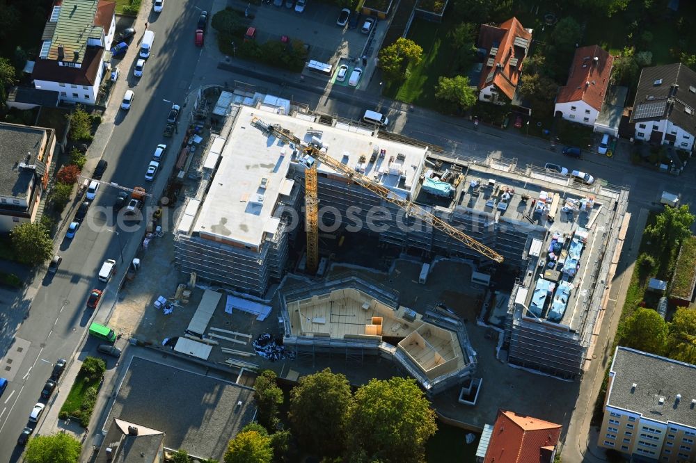 München from the bird's eye view: Construction site for the new residential and commercial Corner house - building Wiesenfelser Strasse corner Limestrasse in the district Aubing-Lochhausen-Langwied in Munich in the state Bavaria, Germany