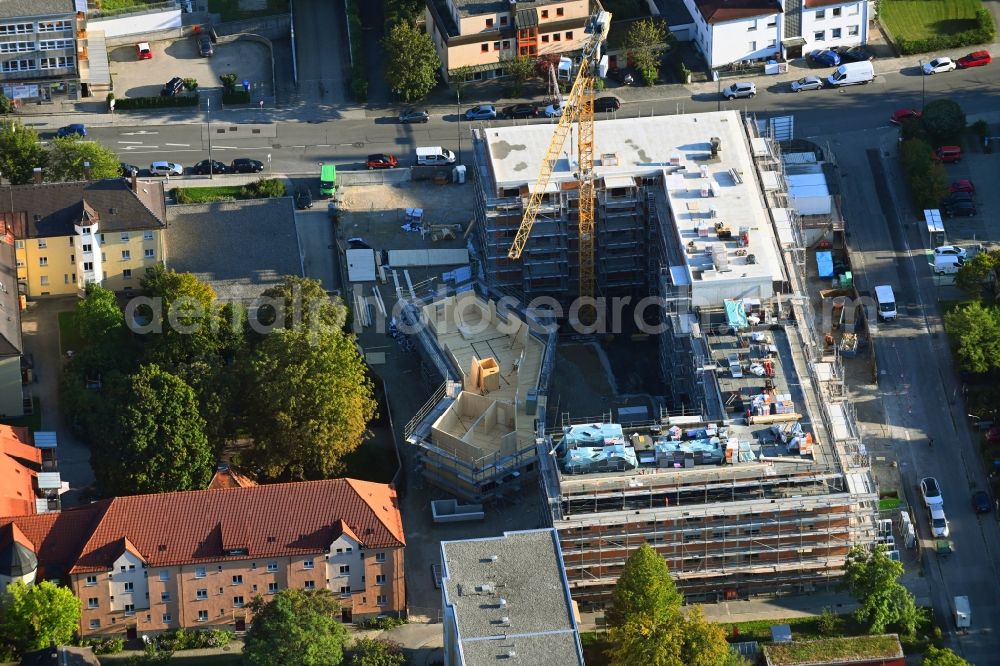 Aerial image München - Construction site for the new residential and commercial Corner house - building Wiesenfelser Strasse corner Limestrasse in the district Aubing-Lochhausen-Langwied in Munich in the state Bavaria, Germany